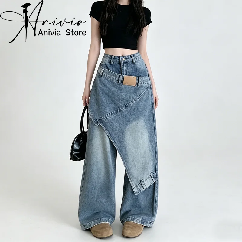 Niebieskie jeansy damskie wide leg, w stylu Y2K