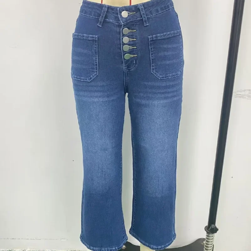 Jeansy damskie z wysokim stanem, z elastycznego denimu, z kieszeniami