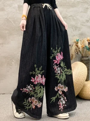 Jeansy damskie baggy z haftem, z kwiatowym wzorem, w stylu retro