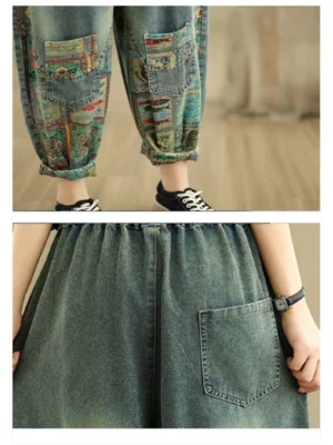 Jeansy damskie baggy z wysokim stanem, z nadrukiem, w stylu retro