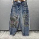 Jeansy damskie baggy z wysokim stanem, z ozdobnymi dżetami, w stylu retro
