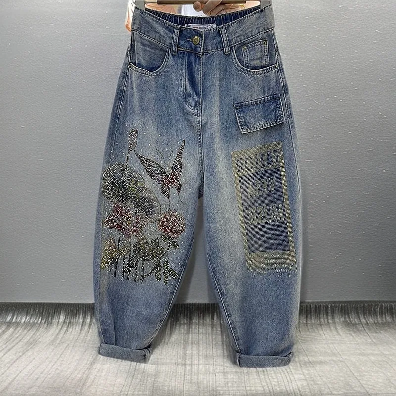 Jeansy damskie baggy z wysokim stanem, z ozdobnymi dżetami, w stylu retro