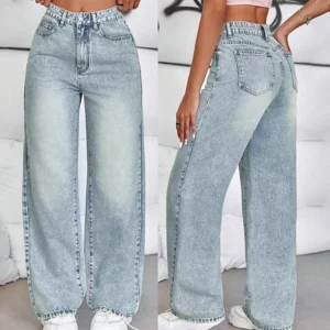Różowe jeansy damskie wide leg z wysokim stanem, w stylu retro