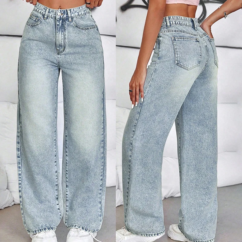 Różowe jeansy damskie wide leg z wysokim stanem, w stylu retro
