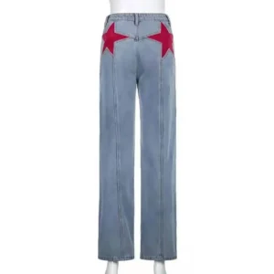 Jeansy damskie straight leg z wysokim stanem, z motywem gwiazd