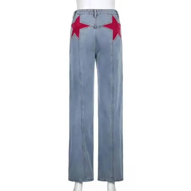 Jeansy damskie straight leg z wysokim stanem, z motywem gwiazd
