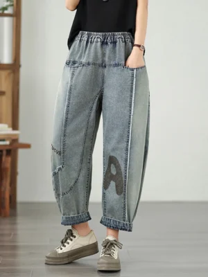 Jeansy damskie baggy plus size, z elastycznego denimu, z nadrukiem