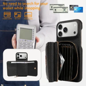 Etui na telefon z portfelem na karty, z paskiem, z uchwytem, skórzane