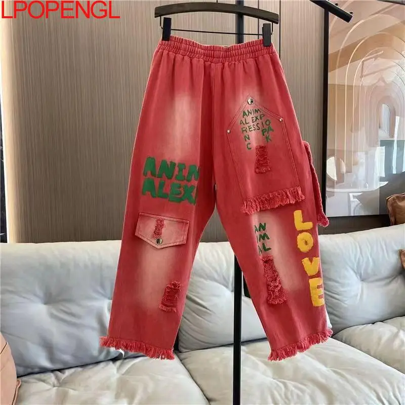 Jeansy damskie baggy, w stylu streetwear