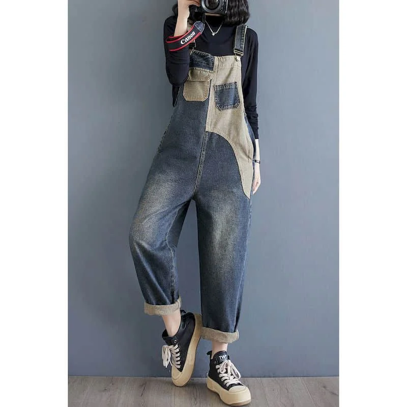 Jeansy damskie baggy patchworkowe, w stylu retro