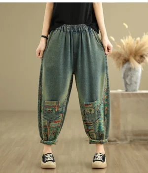 Jeansy damskie baggy z wysokim stanem, z nadrukiem, w stylu retro