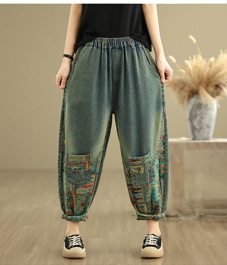 Jeansy damskie baggy z wysokim stanem, z nadrukiem, w stylu retro