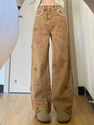 Jeansy damskie wide leg z wysokim stanem, z haftem, z koronką