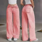 Różowe jeansy damskie wide leg z wysokim stanem, w stylu retro