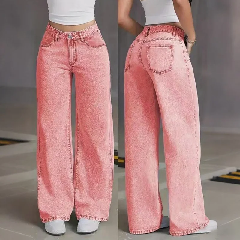 Różowe jeansy damskie wide leg z wysokim stanem, w stylu retro