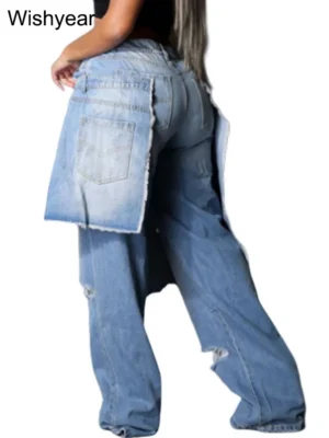 Niebieskie jeansy damskie wide leg z elastycznego denimu, z przetarciami