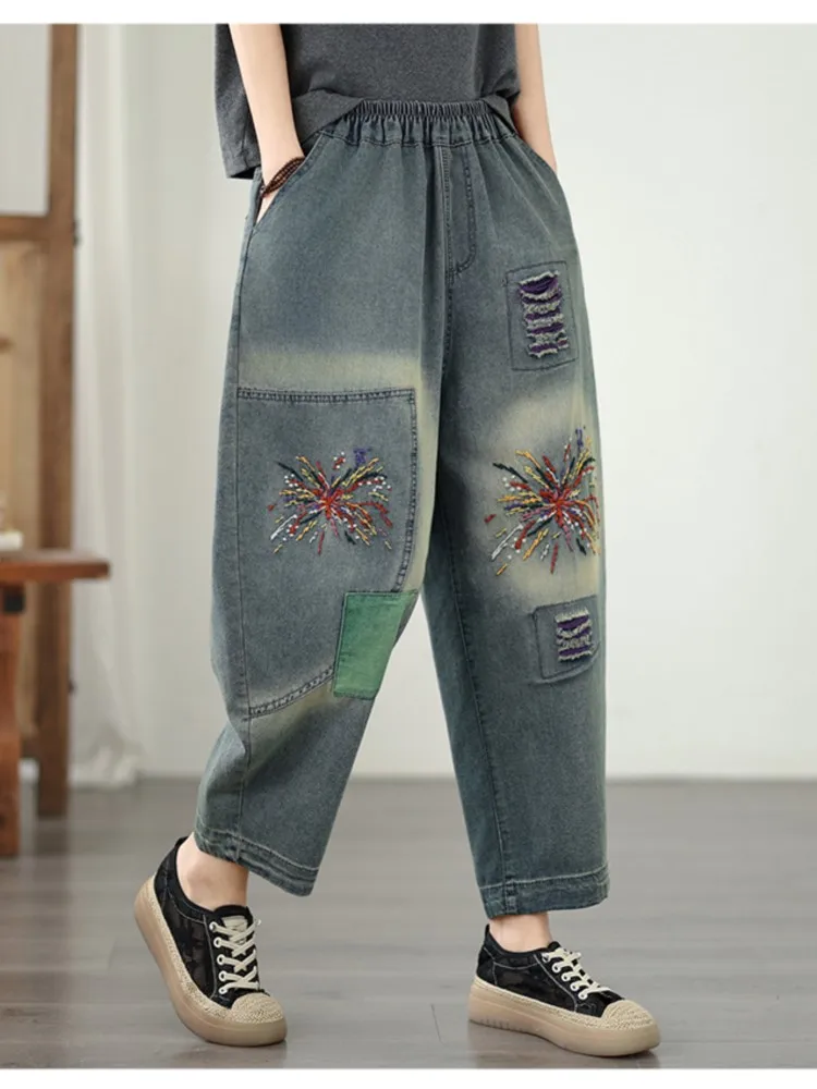 Jeansy damskie baggy z wysokim stanem, z elastycznego denimu, z nadrukiem
