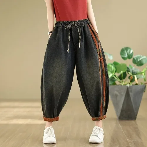 Jeansy damskie baggy patchworkowe, w stylu grunge
