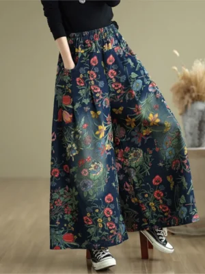 Jeansy damskie baggy z elastycznego denimu, z kwiatowym wzorem