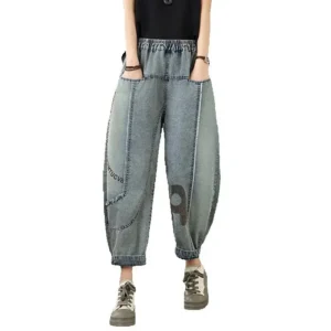 Jeansy damskie baggy plus size, z elastycznego denimu, z nadrukiem