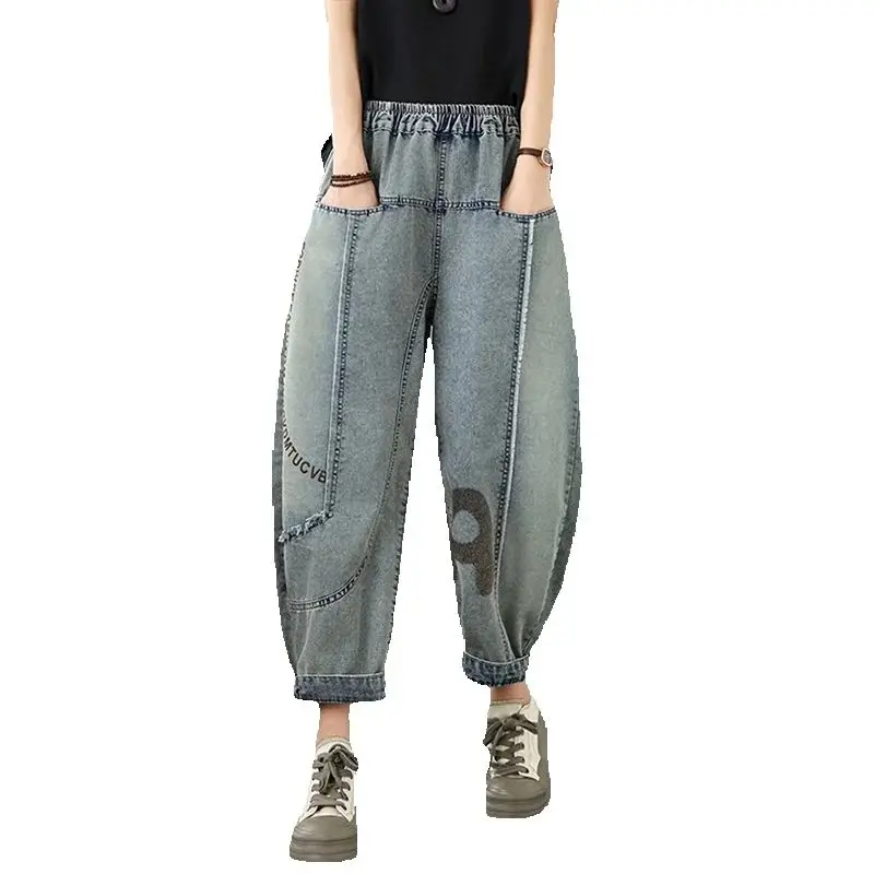 Jeansy damskie baggy plus size, z elastycznego denimu, z nadrukiem