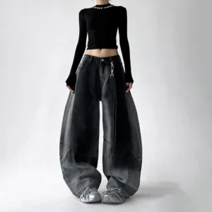Niebieskie jeansy damskie baggy, w stylu Y2K