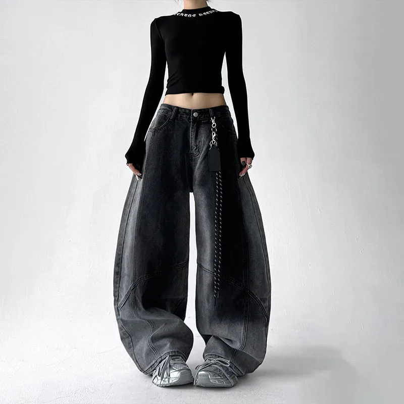 Niebieskie jeansy damskie baggy, w stylu Y2K