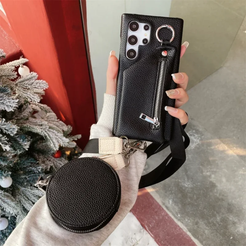 Etui na telefon z portfelem na karty, z paskiem, skórzane, do Samsung