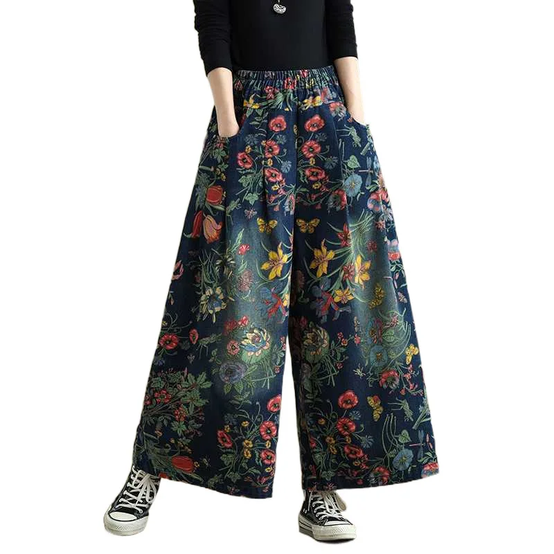 Jeansy damskie baggy plus size, z elastycznego denimu, z kwiatowym wzorem
