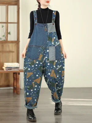 Jeansy damskie baggy plus size, patchworkowe, z nadrukiem