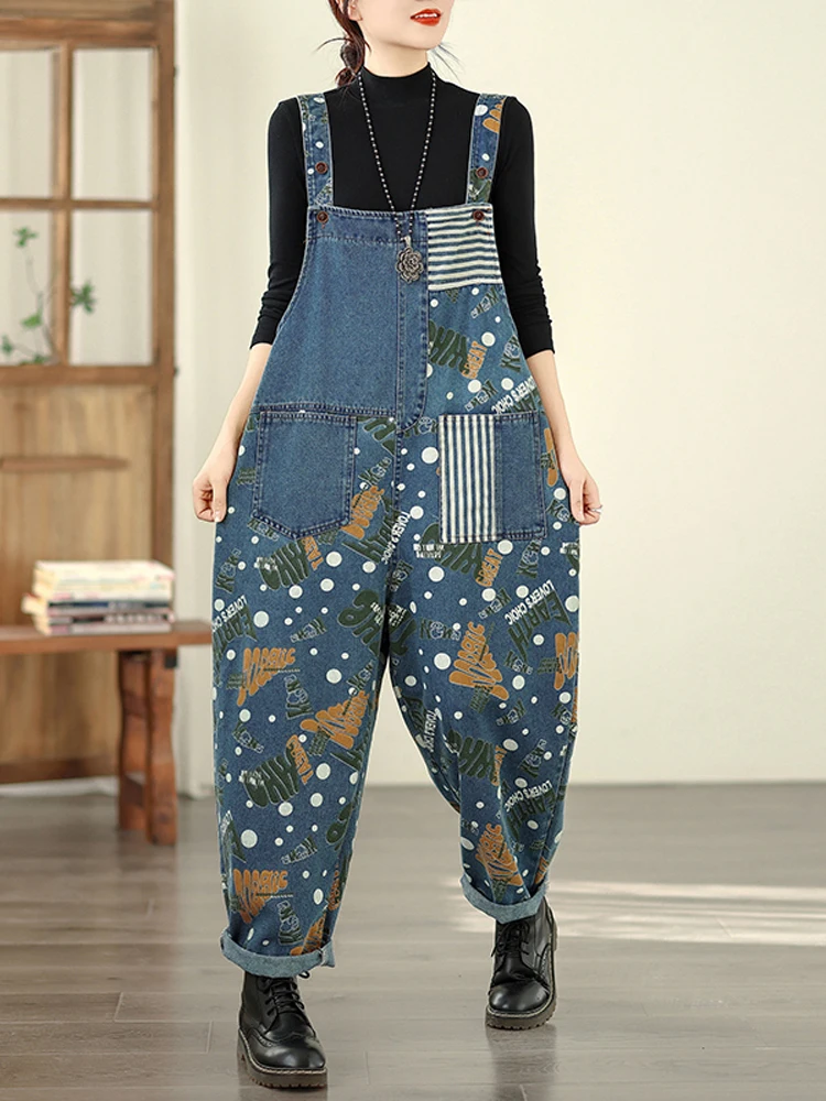 Jeansy damskie baggy plus size, patchworkowe, z nadrukiem