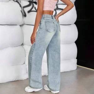 Różowe jeansy damskie wide leg z wysokim stanem, w stylu retro