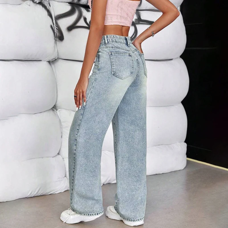 Różowe jeansy damskie wide leg z wysokim stanem, w stylu retro