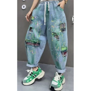 Jeansy damskie baggy z wysokim stanem, plus size, z przetarciami