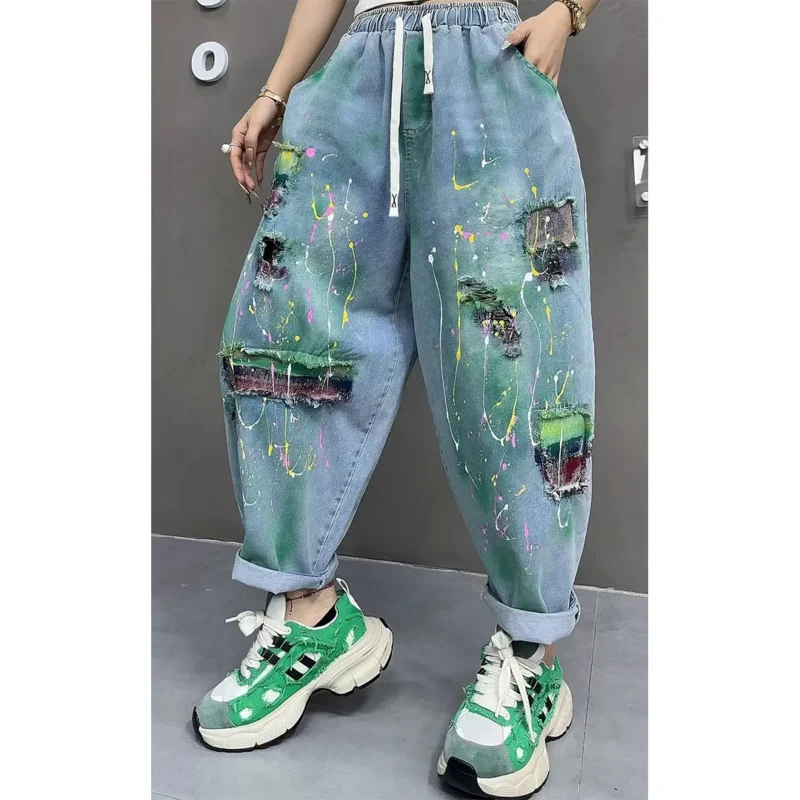 Jeansy damskie baggy z wysokim stanem, plus size, z przetarciami