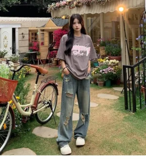 Jeansy damskie baggy z wysokim stanem, z przetarciami, w stylu streetwear