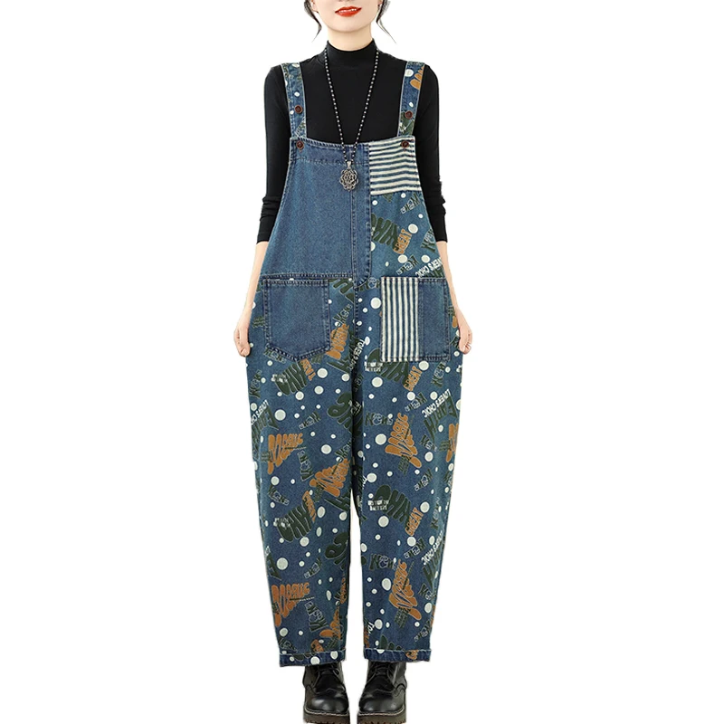 Jeansy damskie baggy plus size, patchworkowe, z nadrukiem