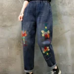 Jeansy damskie baggy z wysokim stanem, z haftem, w stylu retro