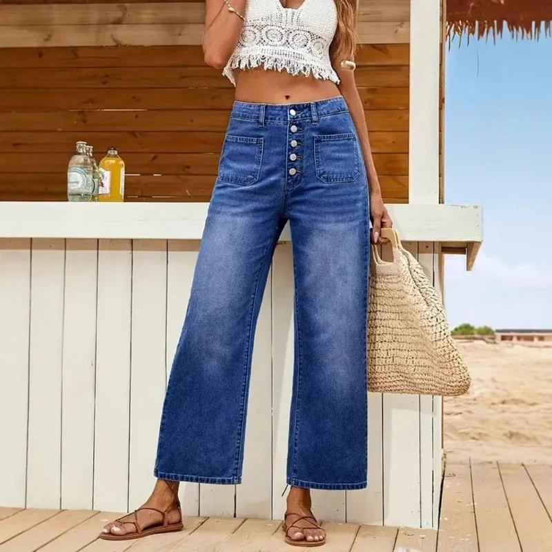 Jeansy damskie z wysokim stanem, z elastycznego denimu, z kieszeniami