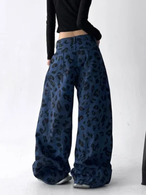 Niebieskie jeansy damskie baggy z wysokim stanem, w panterkę, w stylu Y2K