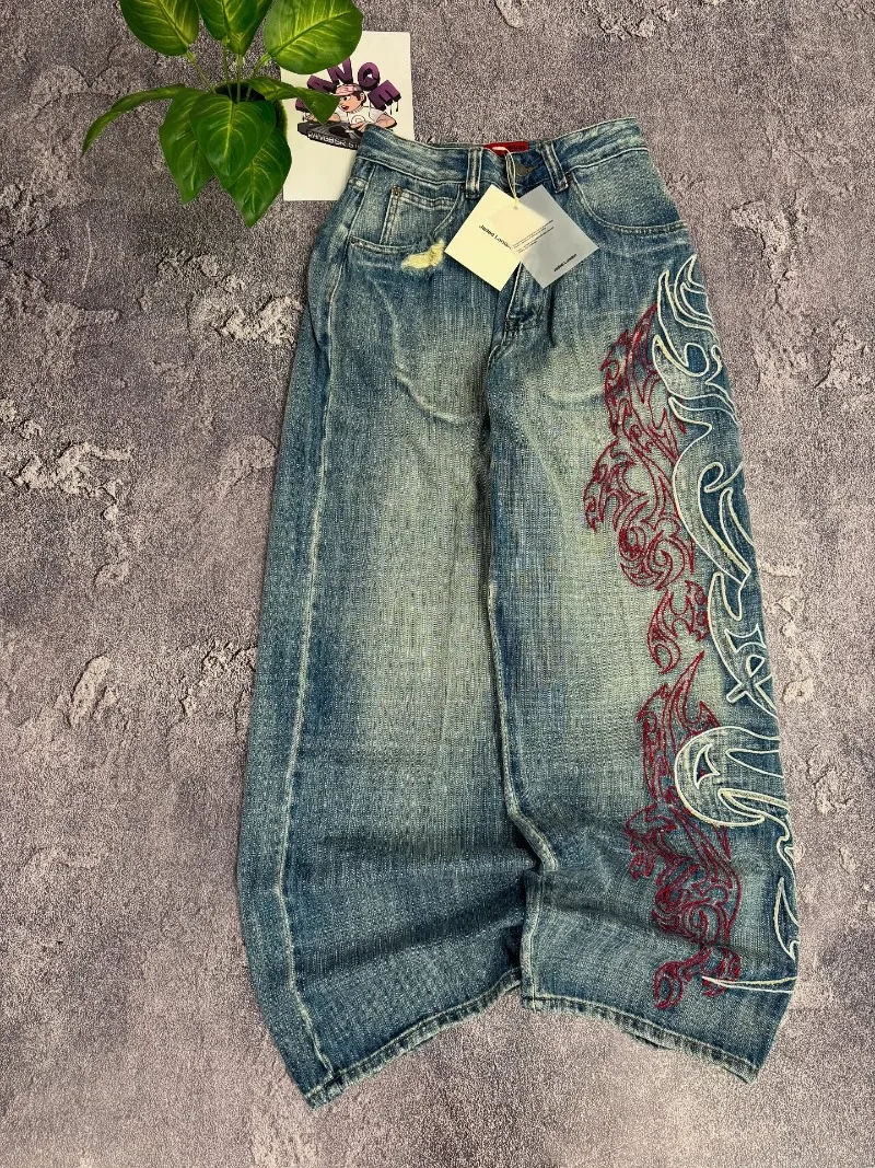 Jeansy damskie baggy z wysokim stanem, z haftem, w stylu Y2K