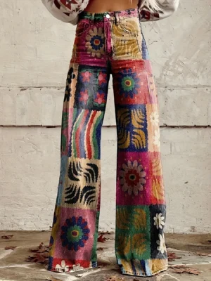 Niebieskie jeansy damskie wide leg z nadrukiem