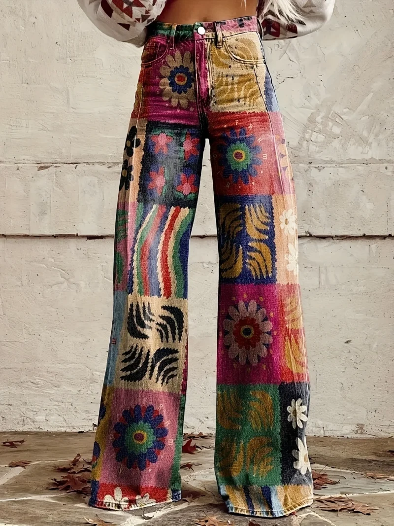 Niebieskie jeansy damskie wide leg z nadrukiem