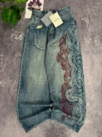 Jeansy damskie baggy z wysokim stanem, z haftem, w stylu Y2K