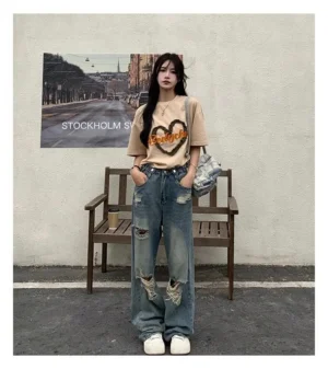 Jeansy damskie baggy z wysokim stanem, z przetarciami, w stylu streetwear