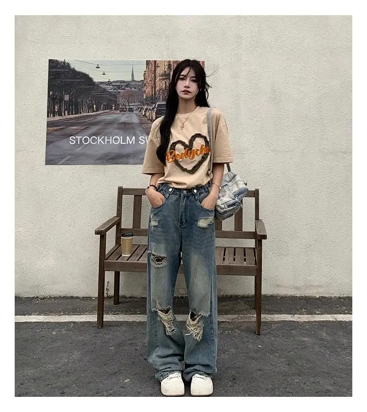 Jeansy damskie baggy z wysokim stanem, z przetarciami, w stylu streetwear