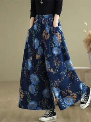 Jeansy damskie wide leg z wysokim stanem, z kwiatowym wzorem