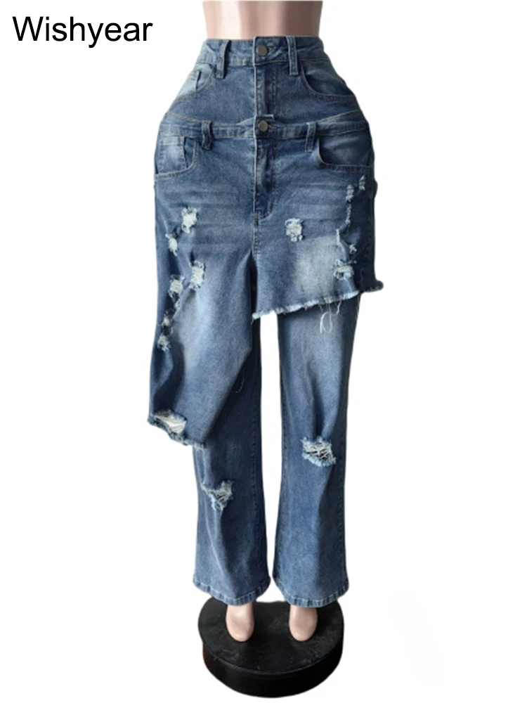 Niebieskie jeansy damskie wide leg z elastycznego denimu, z przetarciami