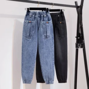 Jeansy damskie baggy z wysokim stanem, z elastycznego denimu