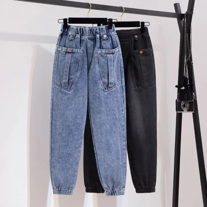 Jeansy damskie baggy z wysokim stanem, z elastycznego denimu